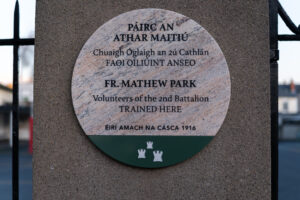 Photograph of the plaque for Father Mathew Park