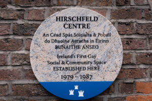 Photograph of a plaque commemorating the Hirschfeld Centre in Temple Bar, Dublin.