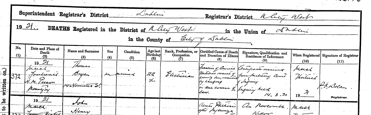 Photograph of the page from the register showing the record of Thomas Bryan's death by execution.