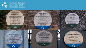 header image featuring Dublin City Council logo and six plaques, for illustrative purposes.