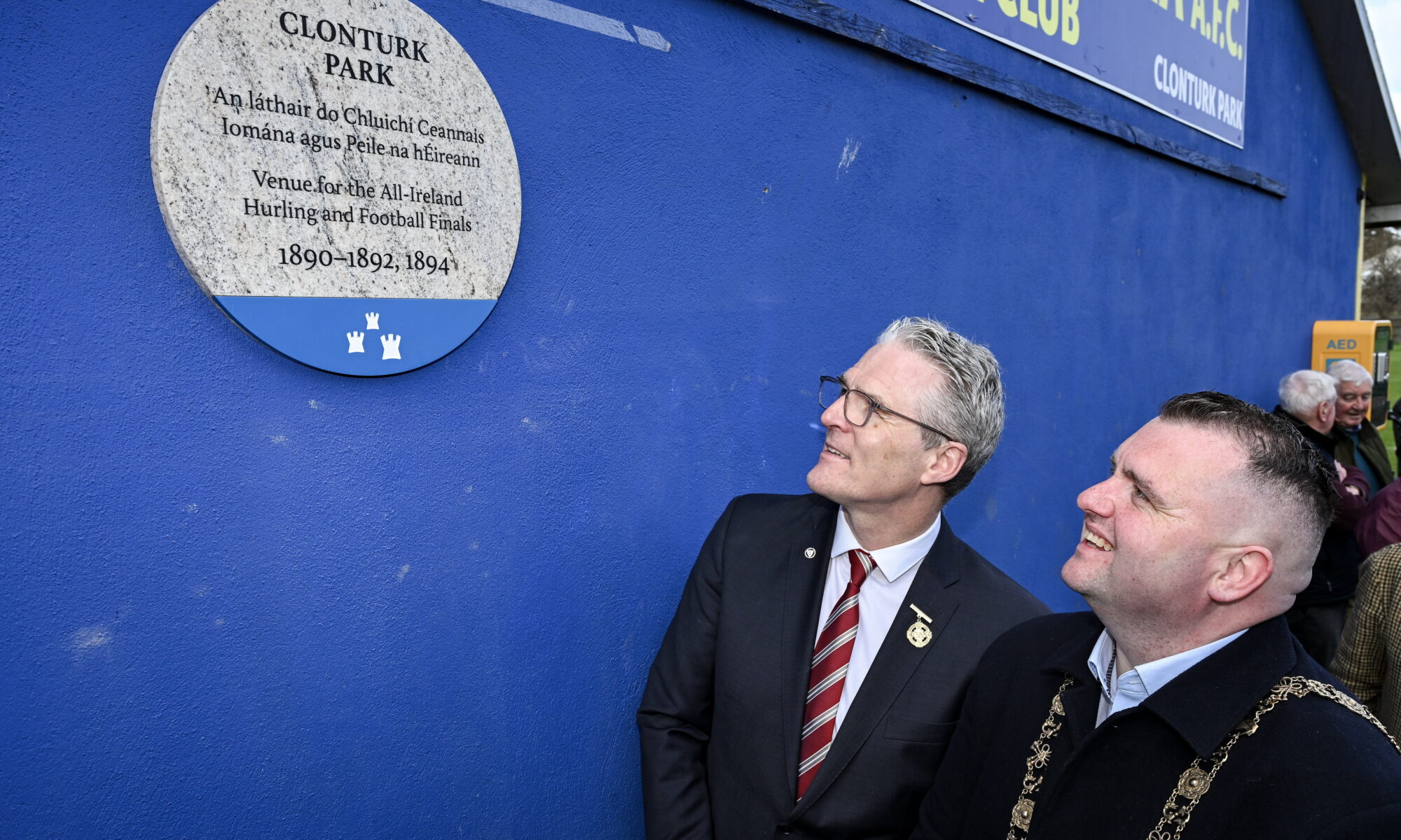 Photograph of a Dublin City Council plaque commemorating Clonturk Park as the venue for All Ireland Finals, at Richmond Road, Dublin 3.