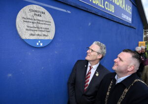 Photograph of a Dublin City Council plaque commemorating Clonturk Park as the venue for All Ireland Finals, at Richmond Road, Dublin 3.