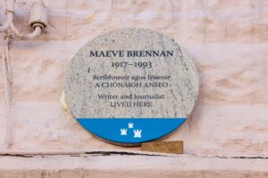 A photograph of the Dublin City Council commemorative plaque for Maeve Brennan, at 48 Cherryfield Avenue, Ranelagh, Dublin.