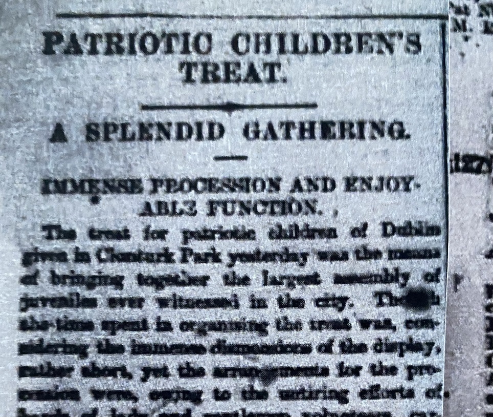 Photograph of a page from the Irish Daily Independent from 2 July 1900. The headline reads 'PATRIOTIC CHILDREN'S TREAT. A SPLENDID GATHERING'.